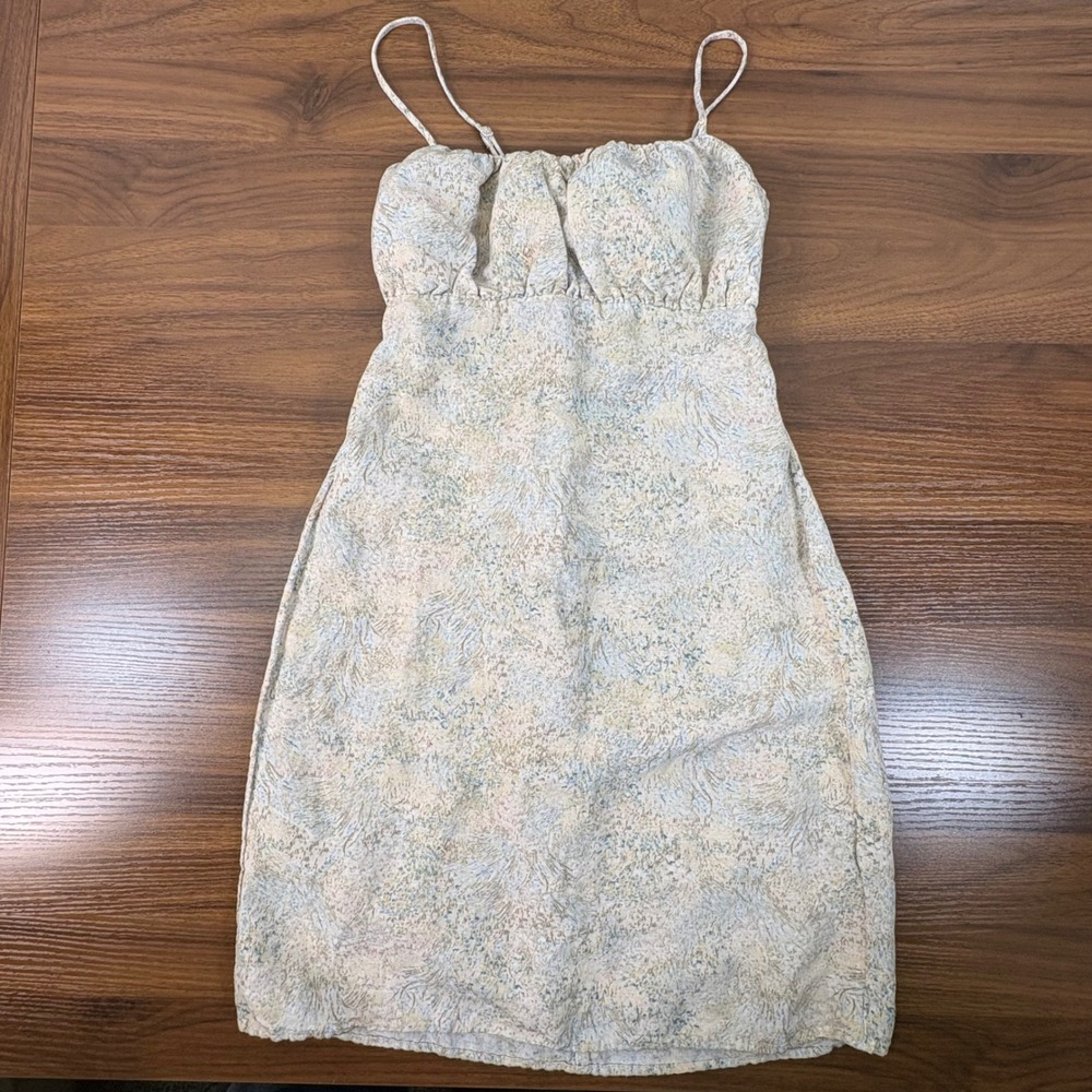 H&M Linen Blend Floral Mini Dress XS Pastel Ruched Bust Cutout Sundress Fairy